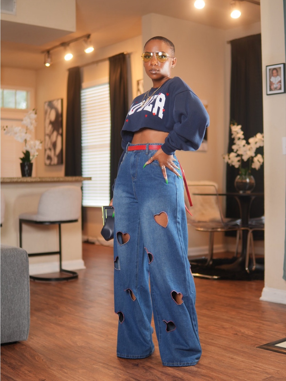 Wide-Leg Heart Cutout Jeans